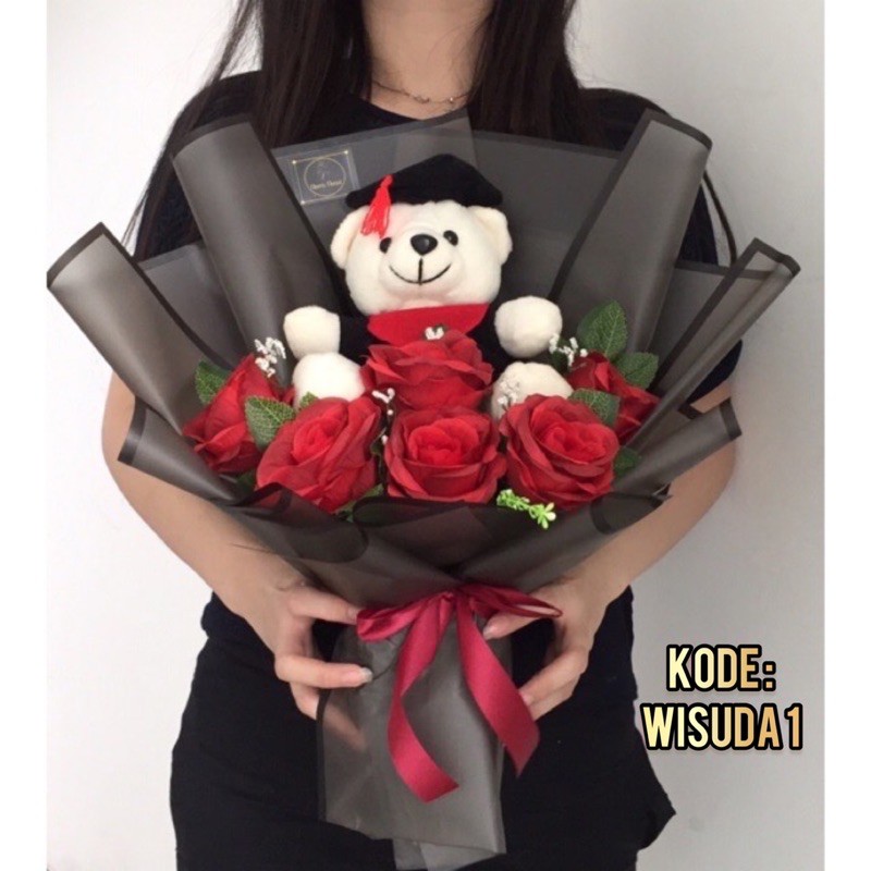 Boneka Wisuda Teddy Bear + Artificial Flowers hadiah wisuda/anniversary/birthdaygift