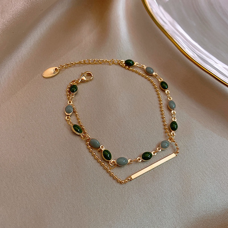 Perhiasan Gelang Kristal Hijau Oval Bahan Logam Ganda Gaya Retro Perancis Untuk Wanita 2020