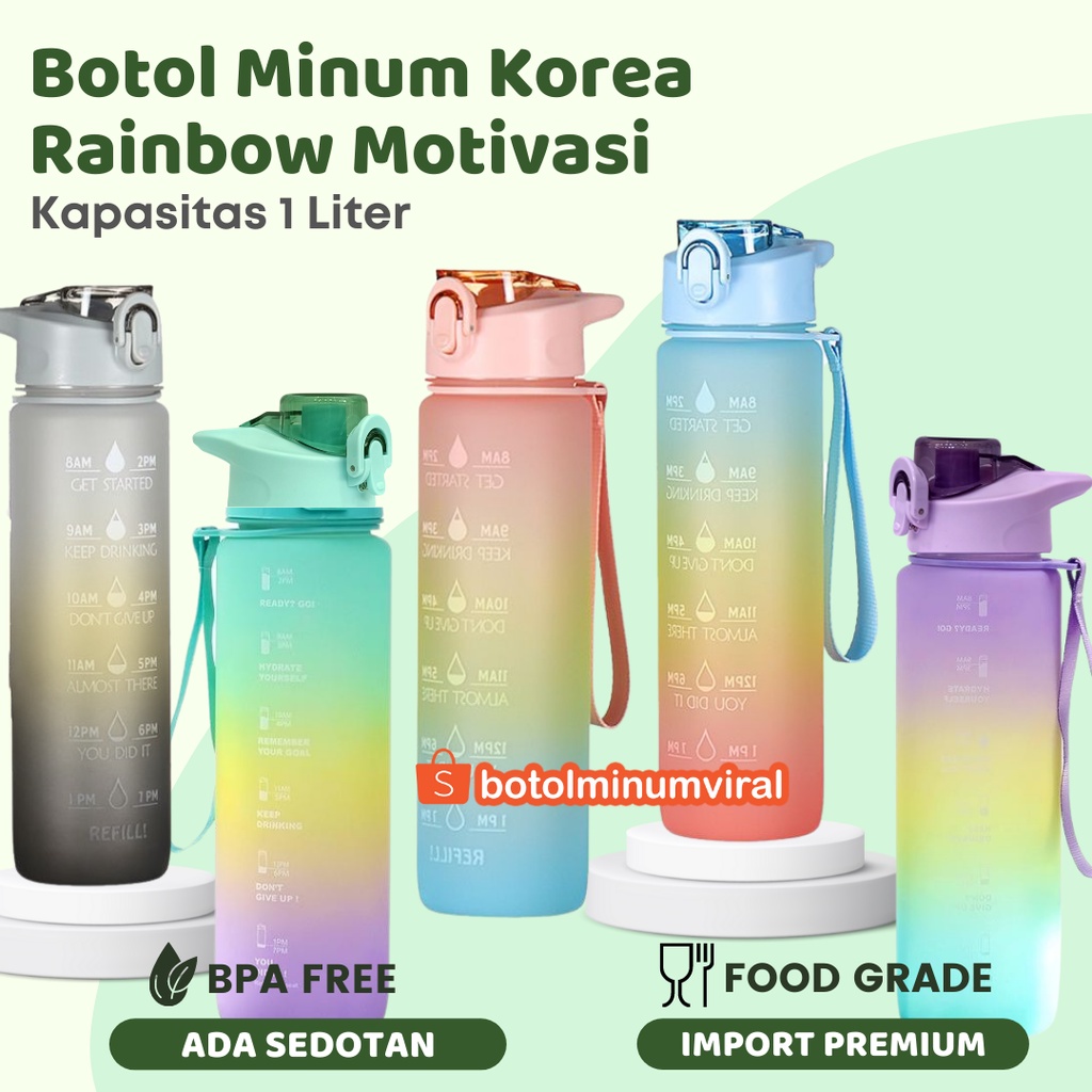 Botol Minum Korea Viral 1000ml Tritan Rainbow Motifasi Botol Minum