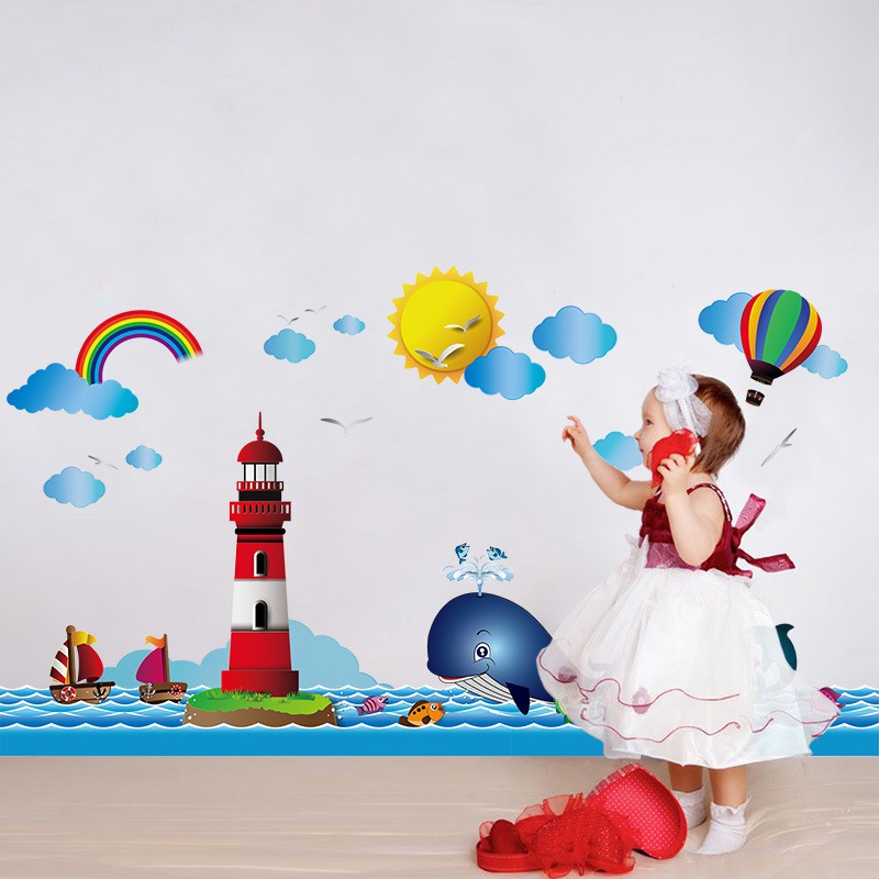 Reliza Wall Sticker Lis Ikan Paus Border Fish Lumba Lumba Awan Anak Kids Stiker Dinding LDR7252