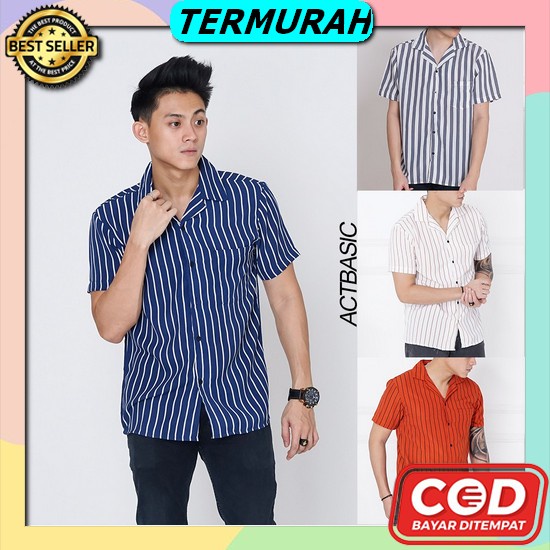 Haydi 12 Kemeja Import Lengan Pendek Pria Wanita Korea Original 2 Warn Kemeja Pria Casual Salur Stri