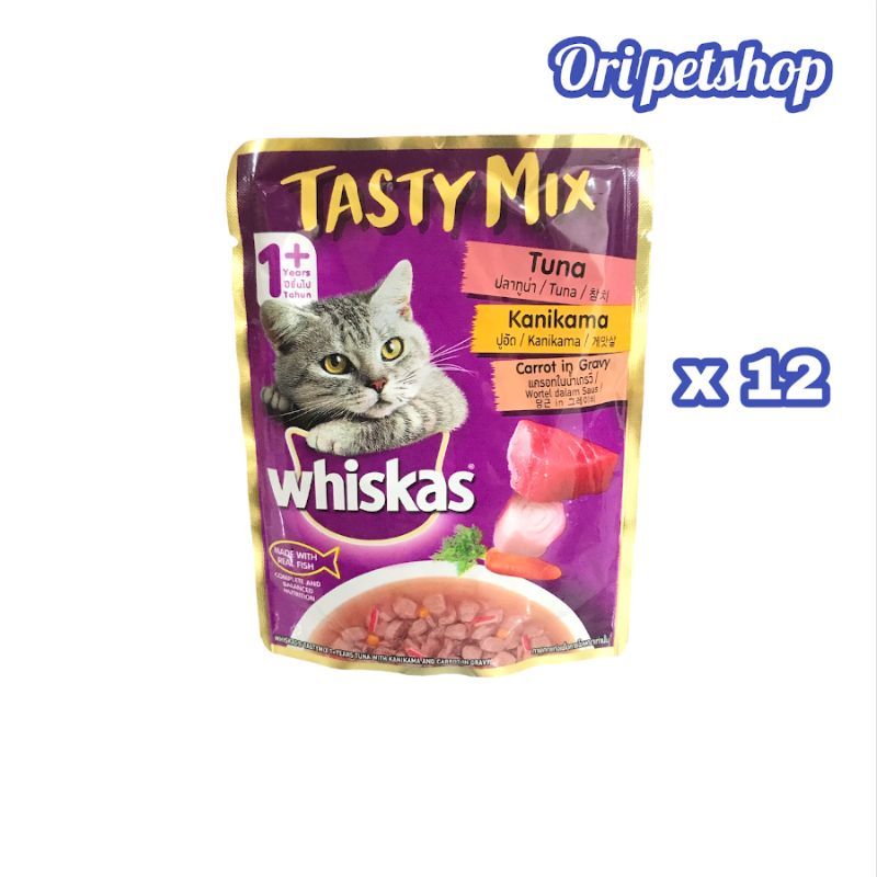 (12pcs) Whiskas Tasty Mix Pouch Sachet 70gr - Tuna Kanikama Carrot In Gravy