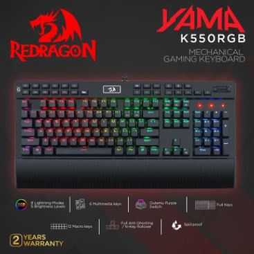 Keyboard gaming Redragon mechanical wired usb 2.0 multimedia fullsize with palm rest macro rgb yama k550 k-550