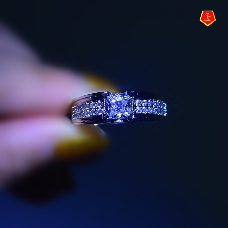 [Ready Stock]Inlaid Square Diamond Ring Stylish and Simple Personality