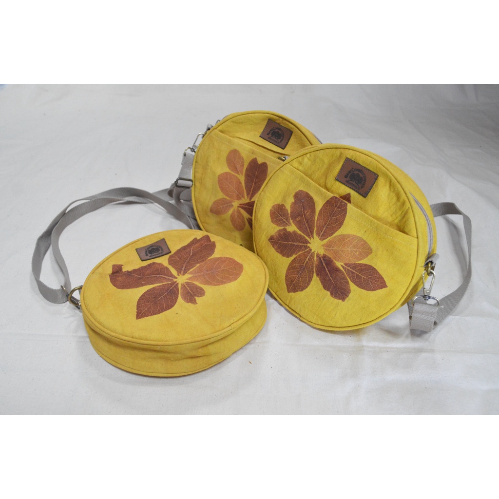 Slingbag Kanvas Round Soga/Tegeran - Sling Bag Ecoprint - Ecoprint Daun jati