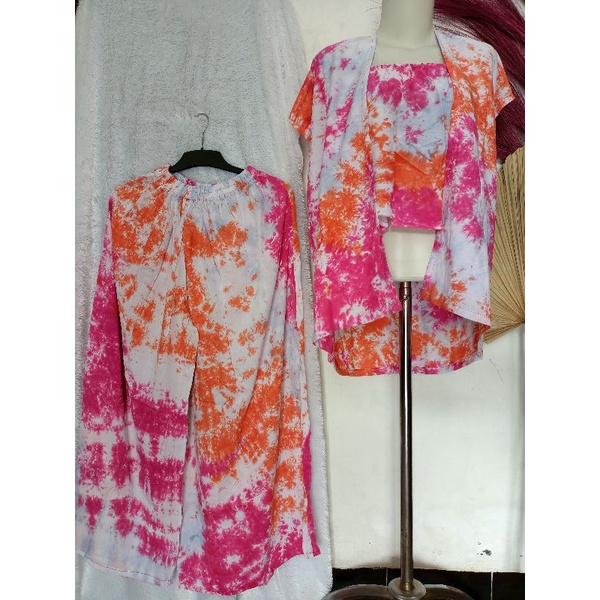 ONE SET CARDI CARDIGAN TEDYE SETELAN WANITA MOTIF AKAR LILIT SHIBORI BALI BAHAN RAYON JUMBO LD 130-Kemben lolypop
