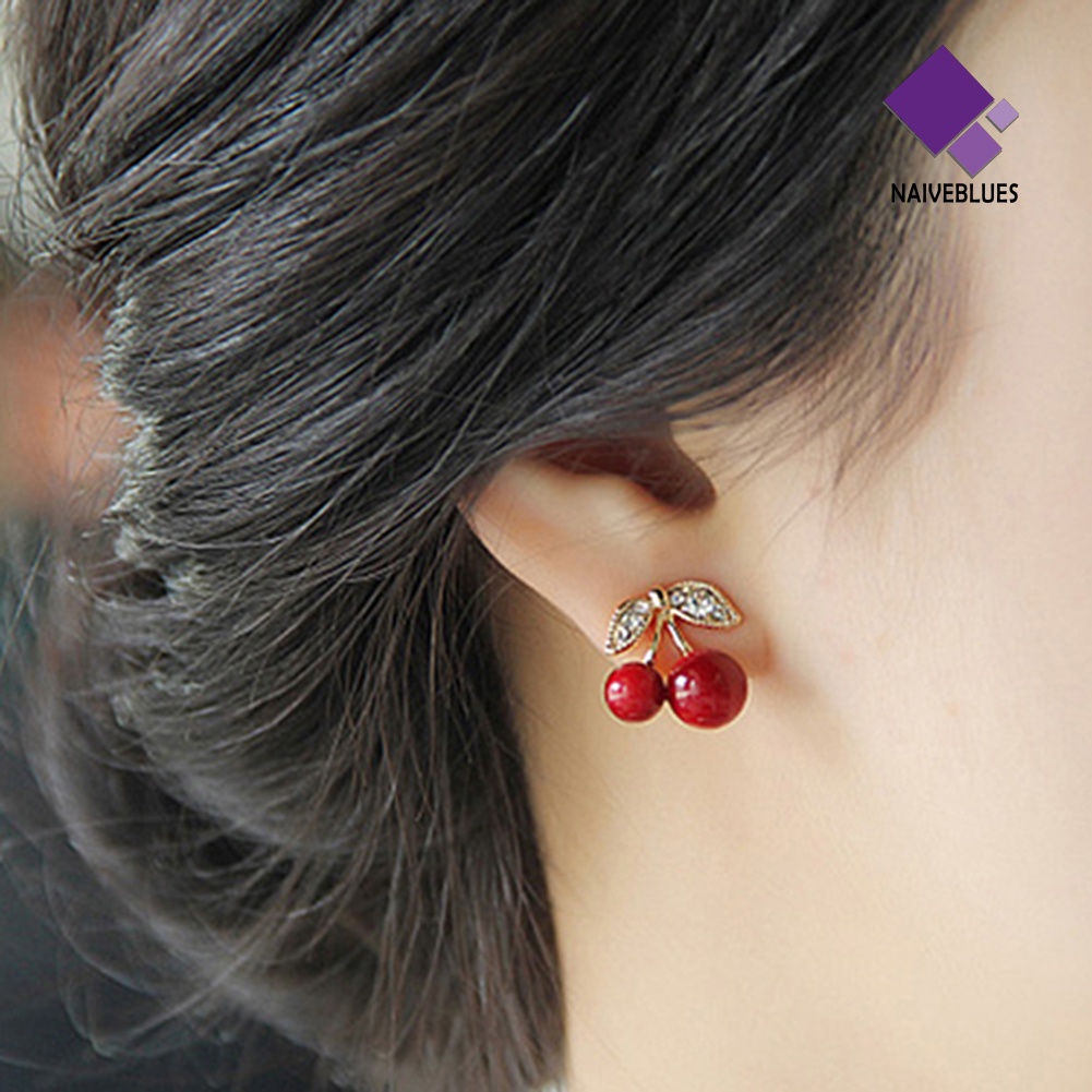 Anting Manik-Manik Ceri Merah Berlian Imitasi Bahan Alloy Warna Emas Untuk Wanita