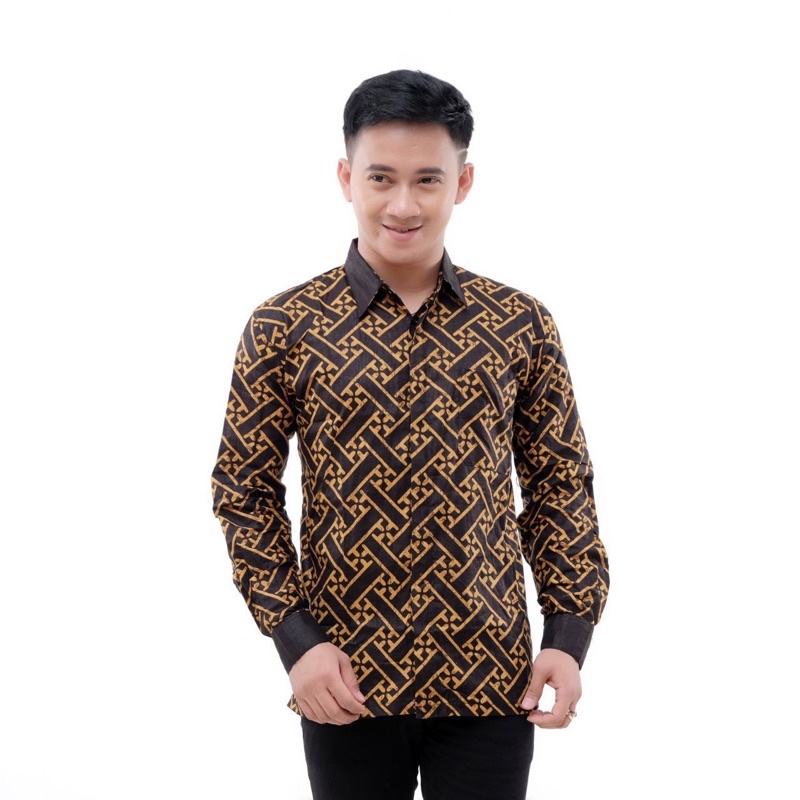 Batik Pria Lengan Panjang BATIK AZMIL HRB026 motif KERATONAN Kode 002 size M L XL XXL Reguler-PAGER coklat