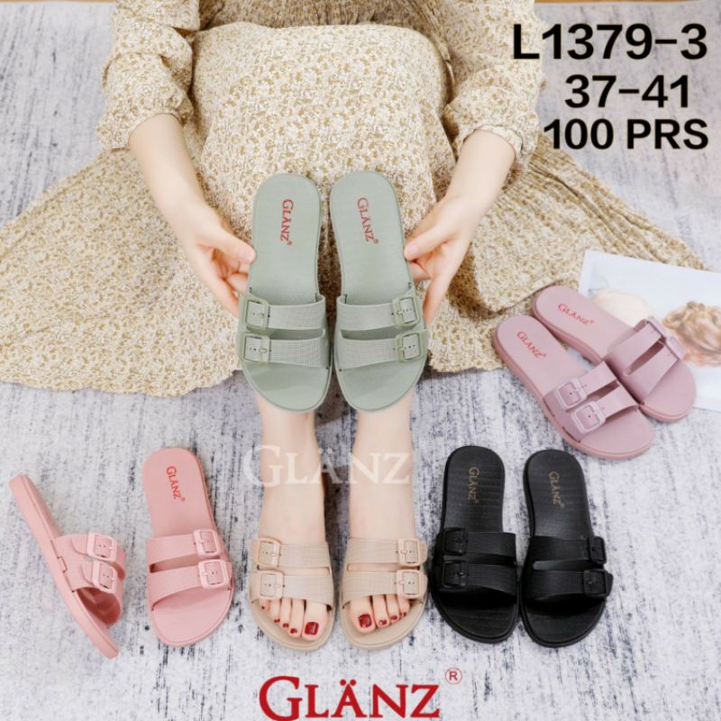 L1379-3 Sandal Glanz Selop Ban Dua Karet Gesper Wanita Sendal Slop 2 Glanzton Jelly Cewek Import Perempuan L1379 1379 Impor Slide Kokop Murah Cantik Kekinian