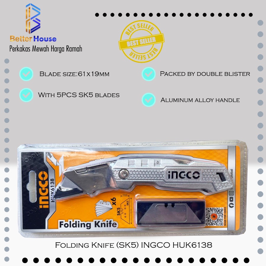 Folding Knife (SK5) INGCO HUK6138 Pisau Lipat Tukang Gagang Aluminium YOG
