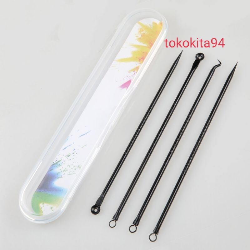 (Jakarta)Pinset Komedo Set 4 in 1 Free Kotak Stainless Steel 1Set isi 4 Pcs - Pencet Jerawat- Blackhead