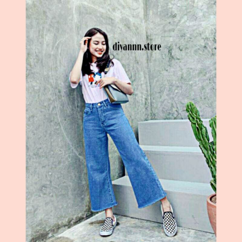 BESTPROMO CELANA JEANS KULOT WANITA RAWIS SNOW BLACK CELANA JINS DENIM HIGH WAIST ACID MURAH CEWEK