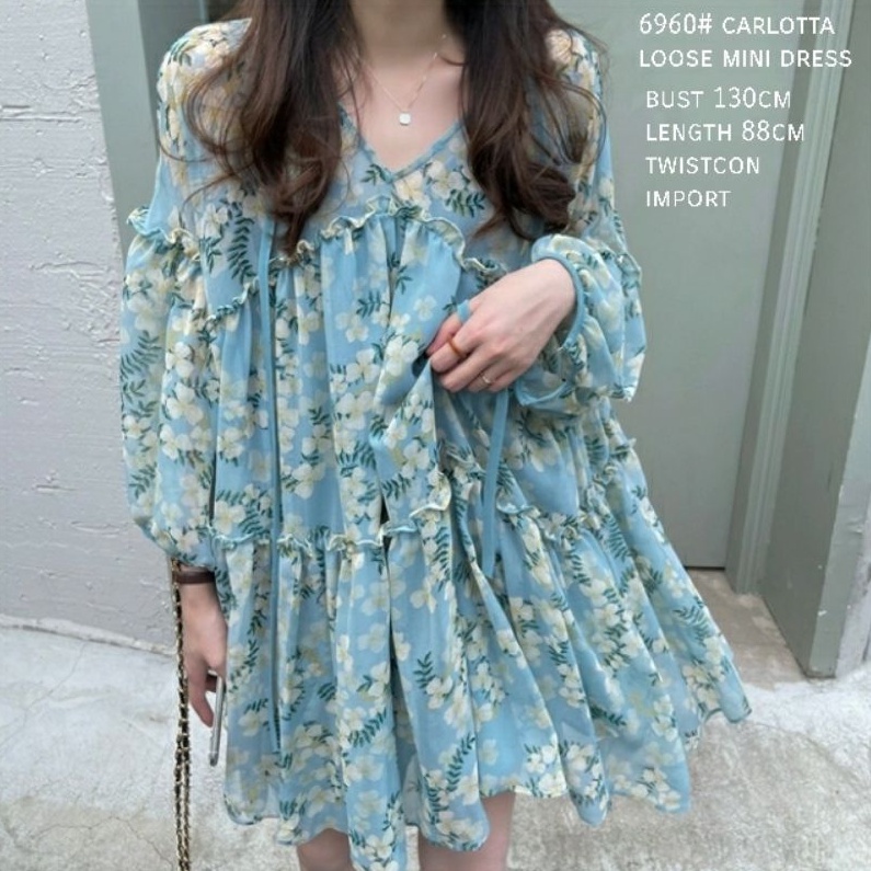 Pakaian Baju mini dress lengan panjang balon motif bunga biru muda bawah model payung rempel impor i