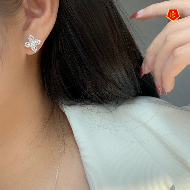 [Ready Stock]Female Niche Diamond Clover Ear Stud Necklace Ring Set
