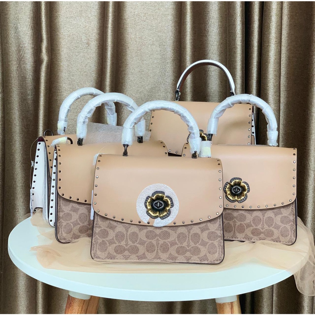 Tas Coach Parker 27 Top Handle Beechwood Coated Canvas Sign With Border Rivert New Original