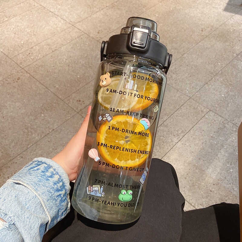 READY STOCK Botol Minum Pastel Sticker Jumbo 2L Seperti Quifit / Botol Reminder / Botol Unik-BLACK BENING