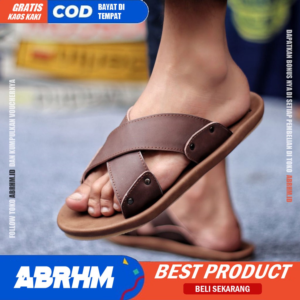 ABRHM x XMIN Sandal Slide Pria Sandal Slop Pria Kulit Asli Sendal Selop Cowok / Cowo Ori Kekinian