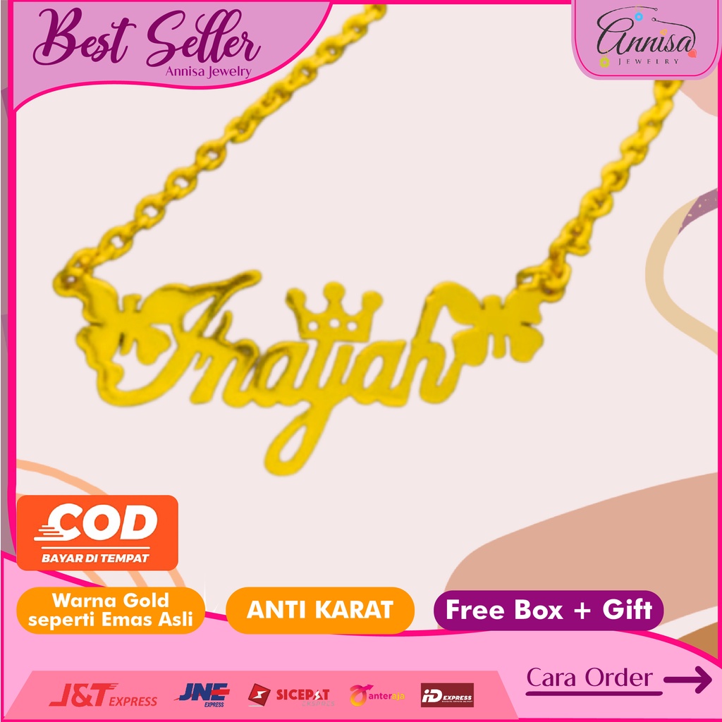 Kalung Nama Gold Kupu2 Mahkota Gold / Silver / Lapis Emas / Stainless Steel