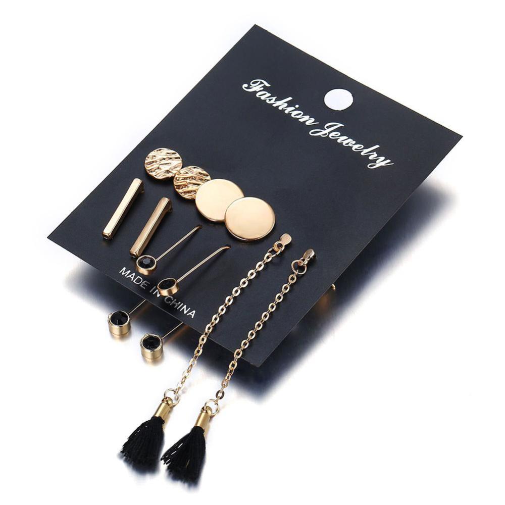 Timekey 5 Pasang / Set Anting Tusuk Gantung Wanita Desain Geometri + Rumbai Panjang Gaya Retro Untuk Hadiah A5K7