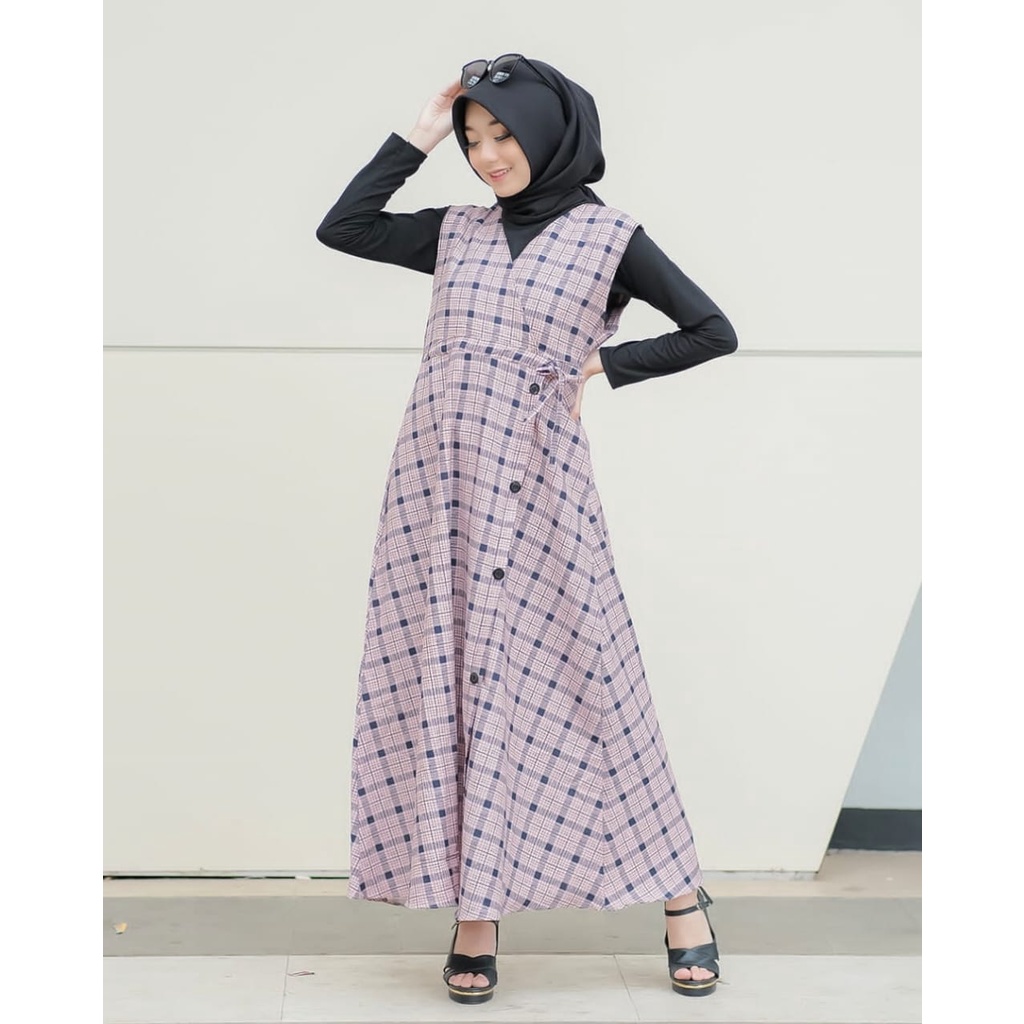 DRESS KHANZA OVERALL kotak / HANDAYANI / MOULY  ootd selebgram remaja busana wanita muslim fashion free inner OVERALL dress remaja baju muslim anak tanggung outer terbaru lebaran ecer grosir reseller dropshiper manset