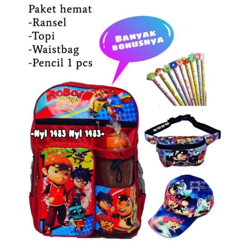 Tas ransel anak sekolah boboiboy banyak bonusnya topi waisbag pensil