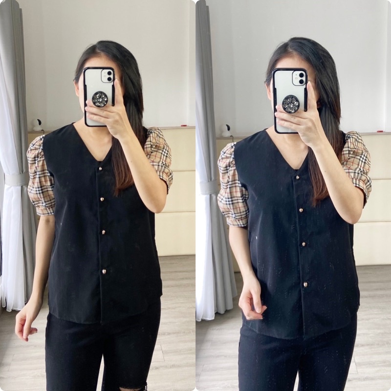 real pic atasan fashion wanita/ blouse wanita lengan pendek / blouse V neck fashion model korea