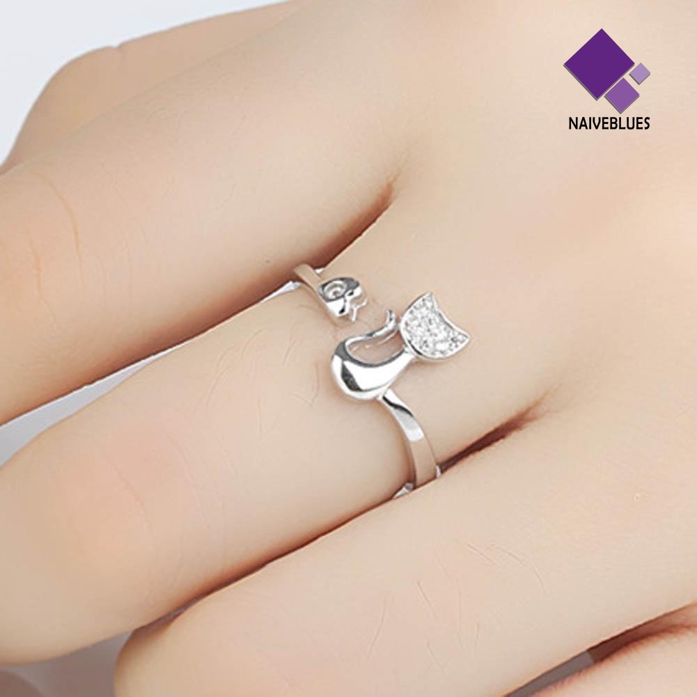 1pc Cincin Model Terbuka Desain Hewan Kucing Hati Bahan Cubic Zirconia