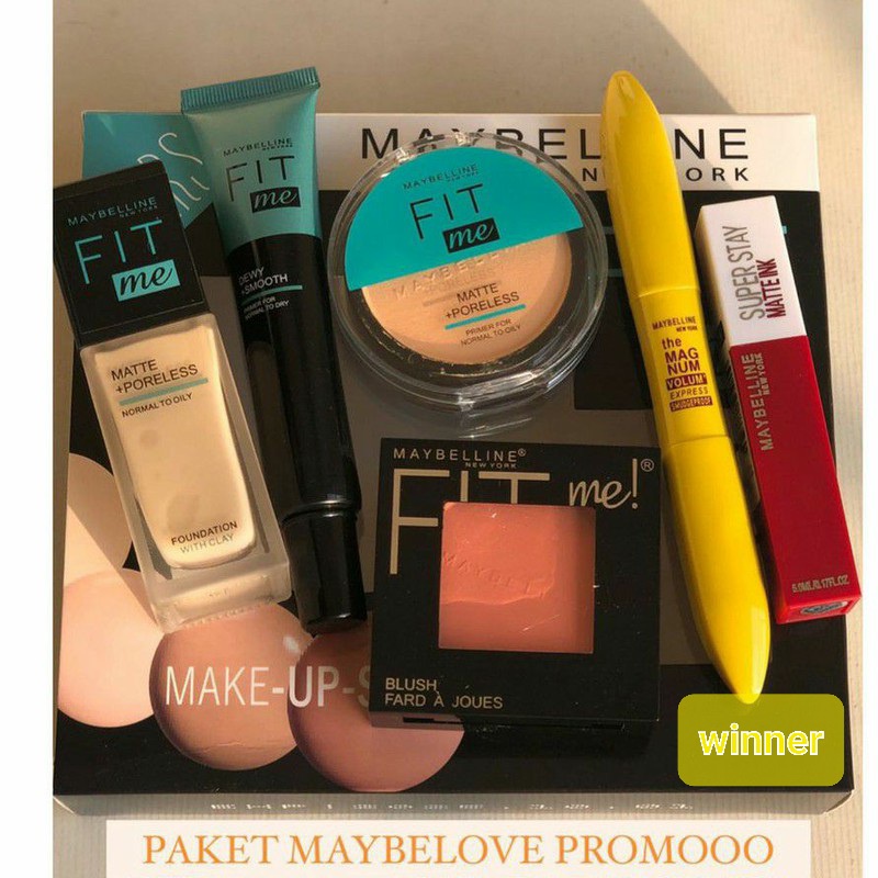 Paket Makeup Maybelline Instan + BlushOn Primer Foundation Mascara Eyeliner