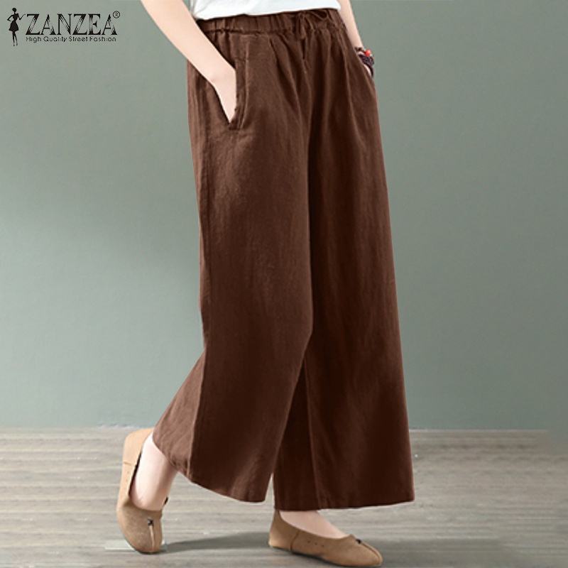 ZANZEA Women Casual Elastic Waist Loose Wide Leg Solid Color Long Pants