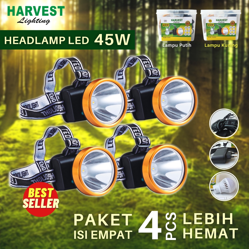 45W - PAKET ISI 4 - Headlamp HARVEST LIGHTING Senter Kepala LED 2000Mah Lampu Emergency Travel Hunting Rechargeable Original Bergaransi