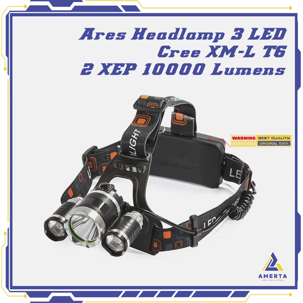 Ares Headlamp Headlight 3 LED Cree XM-L T6 + 2 XEP 10000 Lumens - TaffLED - Black