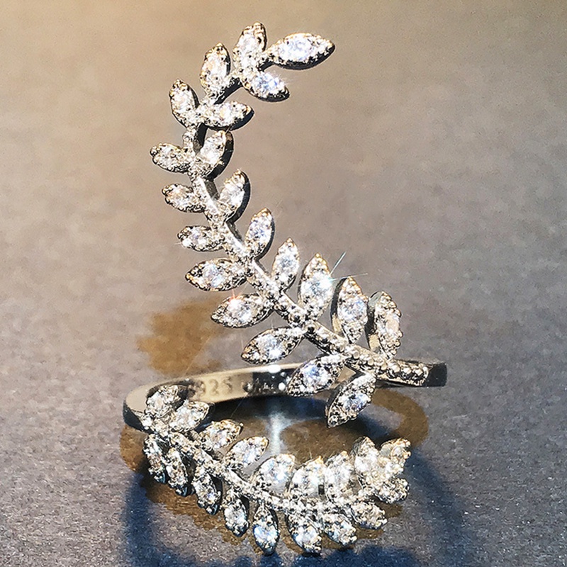 Fancyqube Perhiasan Cincin Lapis Silver Bentuk Daun Tanaman Panjang Aksen Zirkon Untuk Wanita