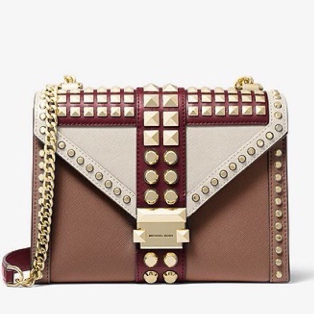 MICHAEL KORS MK Whitney Large Studded Saffiano Leather Convertible Shoulder Bag  Dark Berry Multi