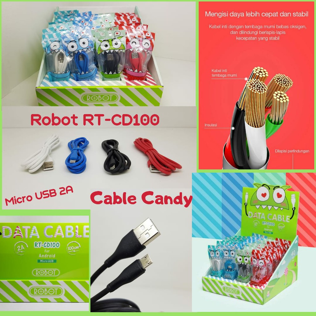 Robot Data Cable RT CD100 Colorful Kabel Data 1M Micro USB 2A Cable Candy ROBOT RTCD100 ECER