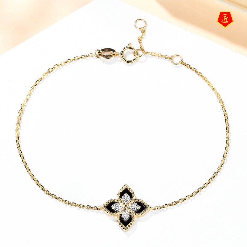 [Ready Stock]New 18K Gold Clover Ear Stud Black Agate Bracelet Necklace for Women