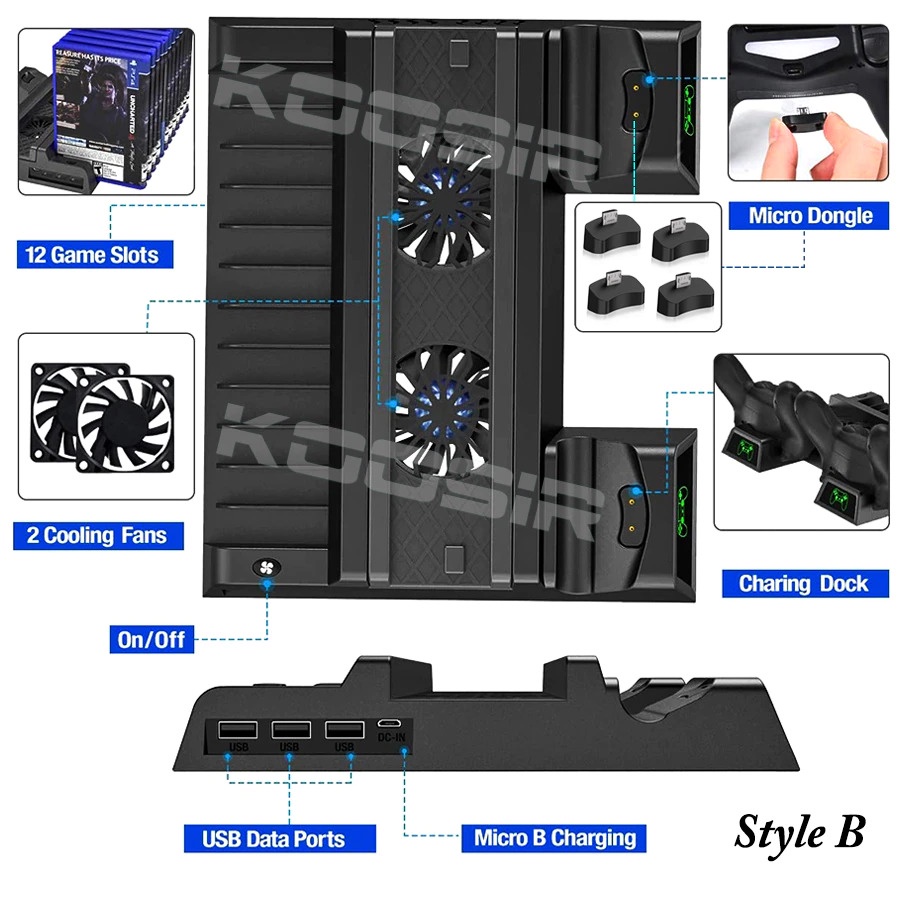 Docking Vertical Cooling System PS4 with 2 Gamepad Controller Charging Base - TP4-19076 - Black