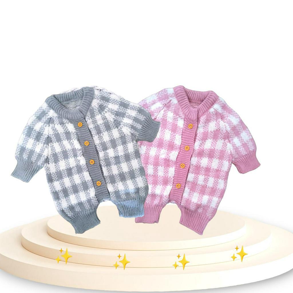 Jumper Bayi Laki-laki &amp; Perempuan Jumper 0-6 Bulan Popcorn Rajut Halus Lembut jumpsuit bayi Lembut Sleepsuit Bayi Baju Anak Bayi Perempuan Romper Bayi Sleepsuit Rajut Bayi Pendek Motif Kotak