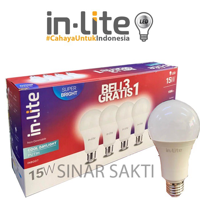 INLITE Lampu Led 15w Paket Beli 3 Gratis 1 Lampu Bohlam Bergaransi