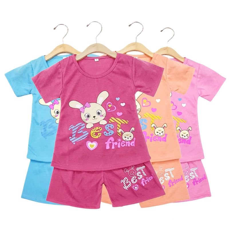 SETELAN SIKUNING PAKAIAN BAJU ANAK PEREMPUAN 2-7 TAHUN MOTIF BEST FRIEND RABBIT