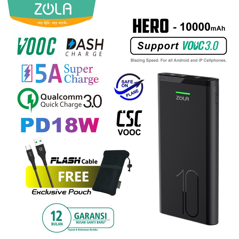 Zola Hero Powerbank 10000mAh Fast Charge VOOC 3.0,PD,QC3.0