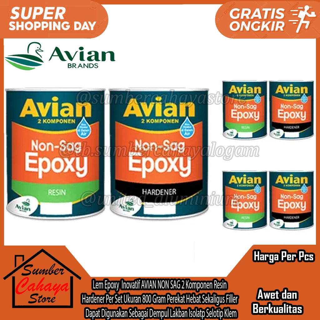 

Lem Epoxy Inovatif AVIAN NON SAG 2 Komponen Resin Hardener Per Set Ukuran 800 Gram Perekat Hebat Sekaligus Filler Dapat Digunakan Sebagai Dempul Lakban Isolatp Selotip Klem Merekatkan Sambungan Kayu Furniture Meubel Mebel