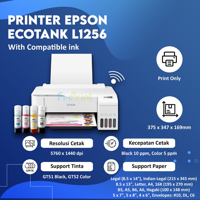 Printer InkTank Epson L1256 / L1250 WiFi White Wireless Print A4 Infus Pabrik Resmi L-1250 L-1256