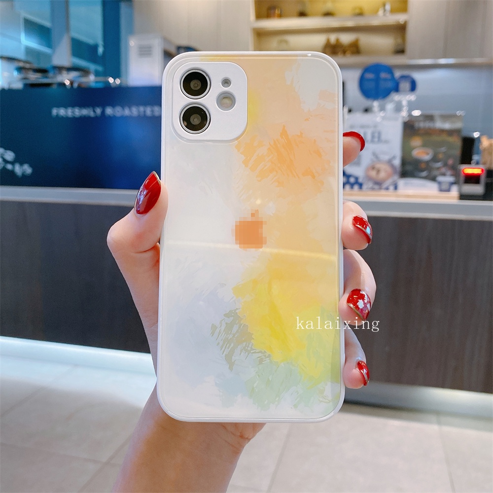 Case Tempered Glass Motif Tinta Artistik Untuk iPhone 13 Pro Max 12 11 Xs Max XR Xs Max 7Plus 8Plus