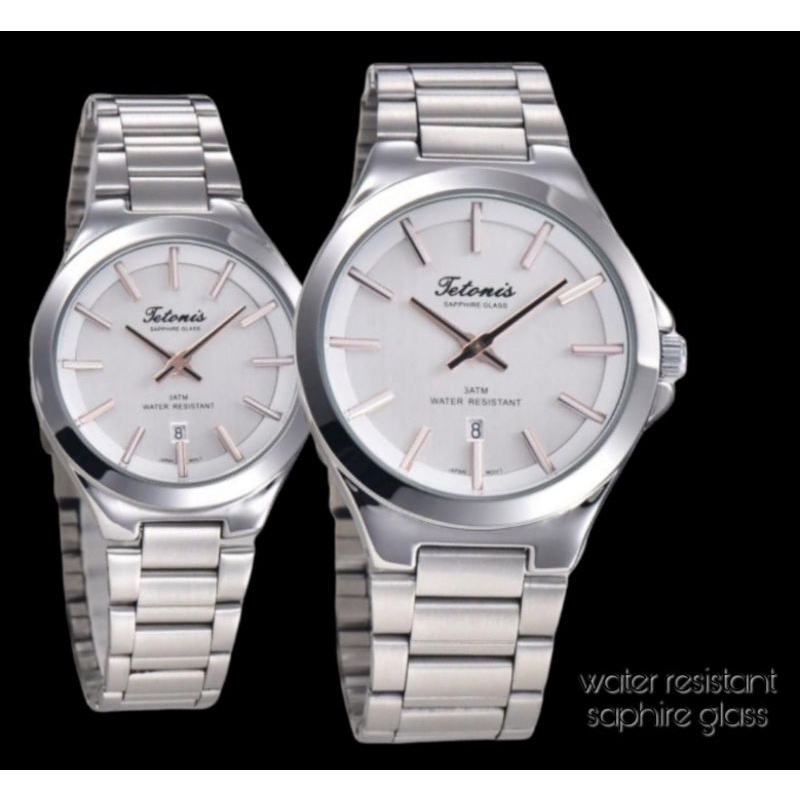 JAM TANGAN COUPLE ORIGINAL TETONIS KACA SAPHIRE BAHAN RANTAI UKURAN 4.1 CM & 3.4 FREE BOX TETONIS & 