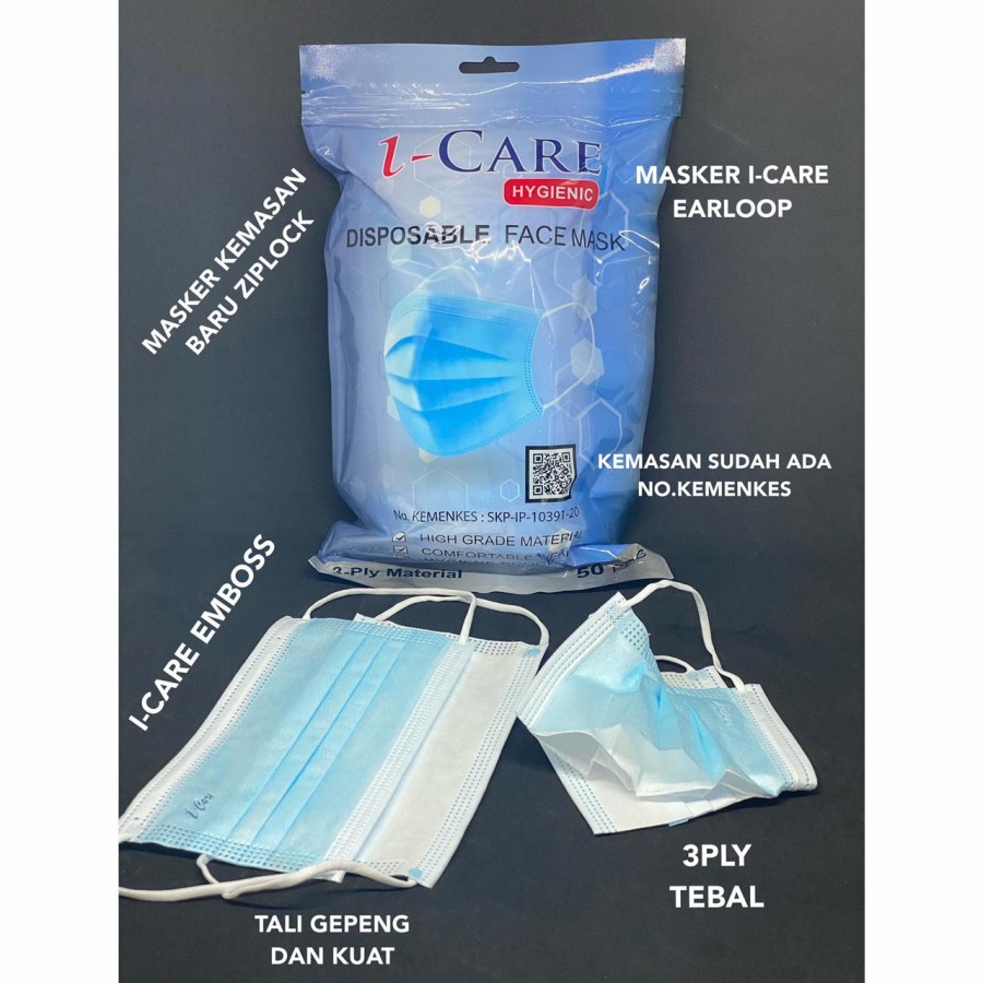 I-Care POUCH Masker Earloop Hygienic 3ply isi 50 pcs Icare Kemenkes - Big Plaza