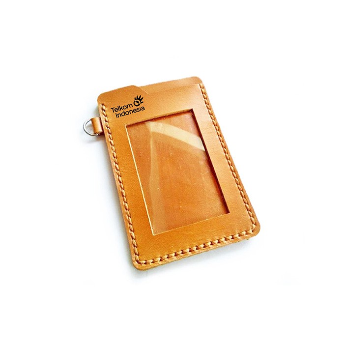 Name Tag Id Kulit Asli Warna Tan Logo Telkom Plus Logo BUMN - Tempat Id Card. Gantungan Id Card -