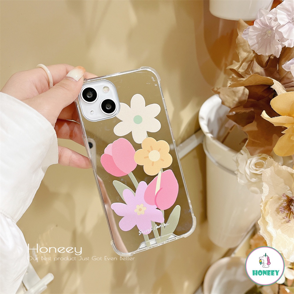 Casing Soft Case Bumper TPU Motif Bunga Aksen Cermin Makeup Untuk IPhone 13 / 12 / 11 Pro Max / X / XS / XR / 8 / 7 +