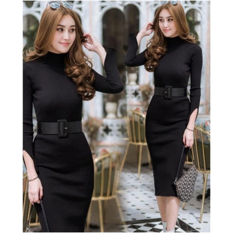 A474 Dress Rajut Bodycon Dress Lengan Panjang Black Dress Hitam Belt Dress