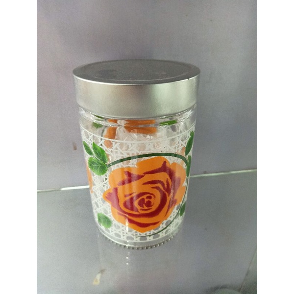 Toples Kaca Motif Bunga Mawar/Toples Kue Kering/Toples Bumbu