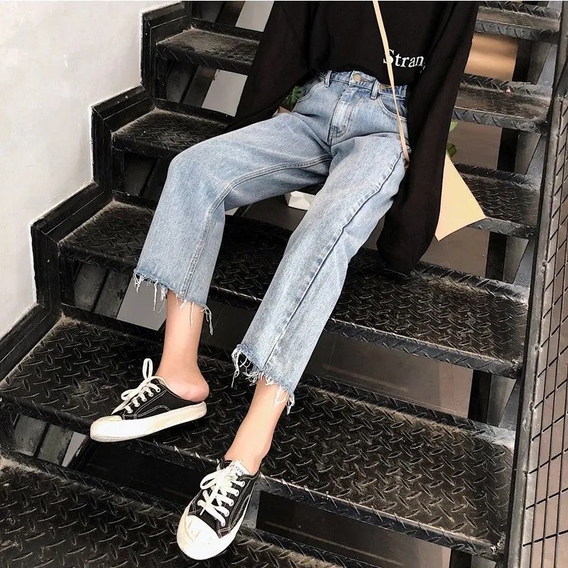 Korean New high waist straight celana jeans panjang wanita